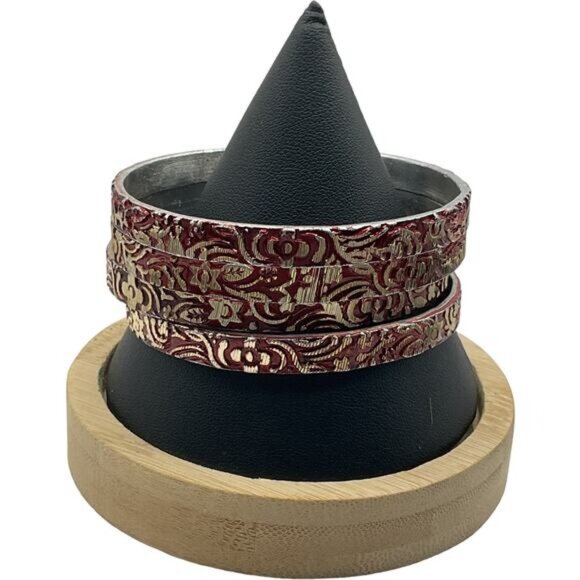 Set Of 4 Vintage Style Silver & Red Floral Pattern Bangles Bracelets - Picture 2 of 9